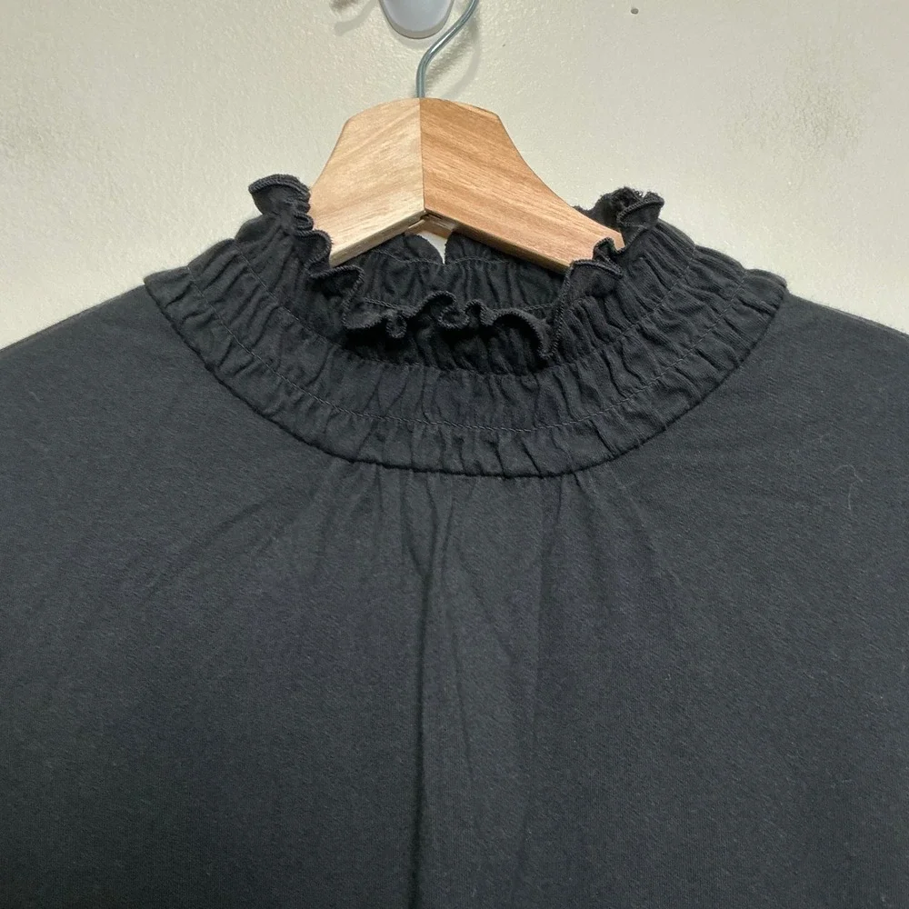 J. Jill Mock Neck Top Womens 1X Black Smocked Ruffle Pima Cotton Modal NWT
